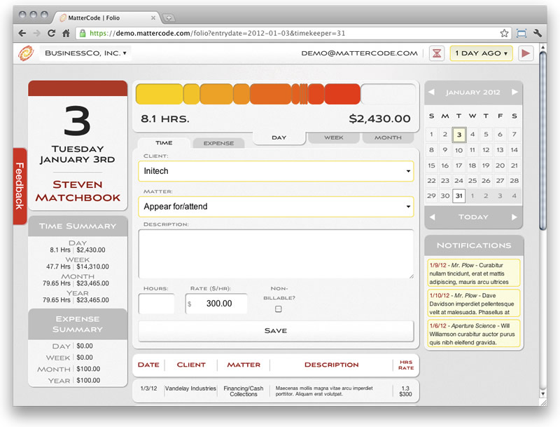 Time Entry: MatterCode Timekeeping Software Screenshot