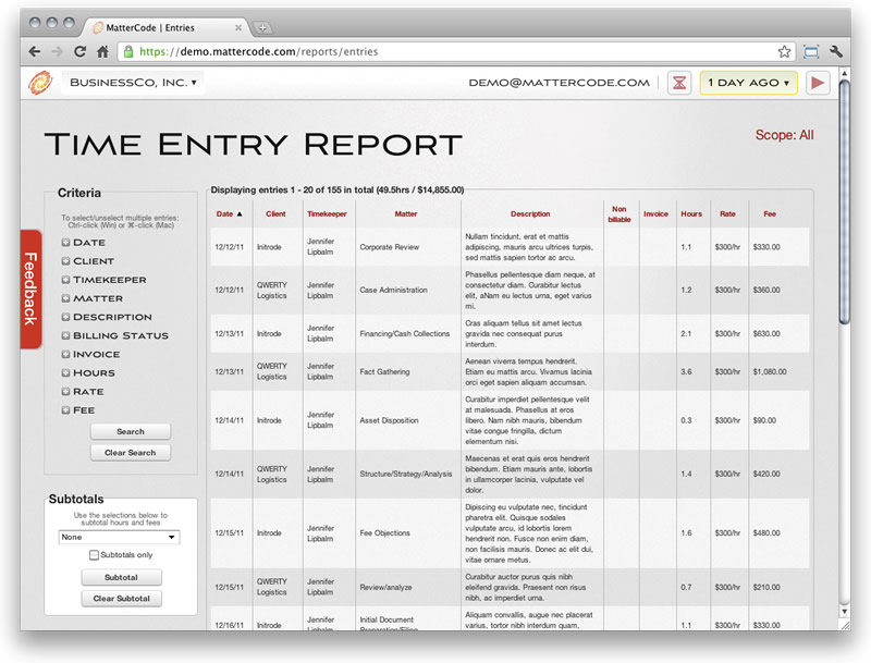 Generate a Detailed Report: MatterCode Timekeeping Software Screenshot