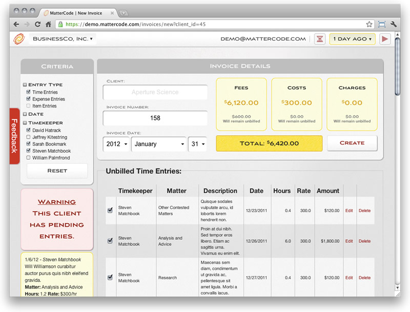 Create an Invoice: MatterCode Timekeeping Software Screenshot